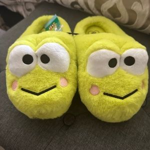 Green and White Keroppi Plush Slippers with Cartoon Design